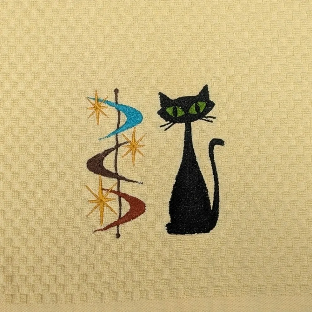 Mid Mod Retro Cat Flying Saucers Kitchen Bar Tea Hand Towel Great Gift Idea!